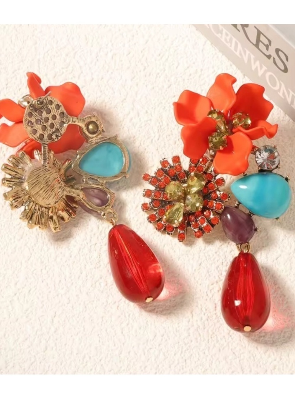 Coral & Turquoise Floral Drop Earrings